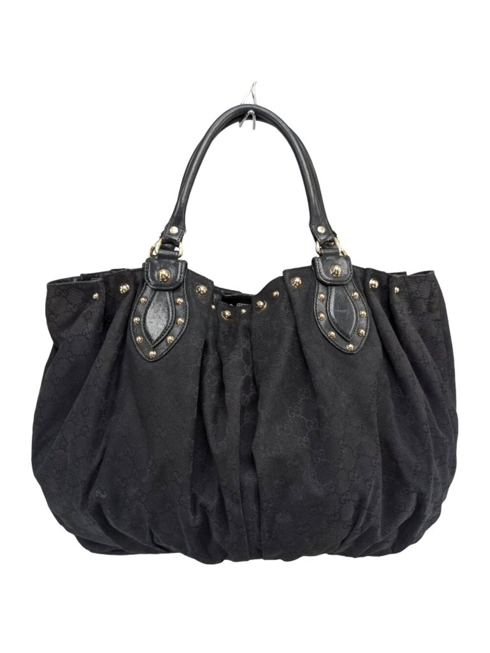 GUCCI Pelham Large Tote Bag Black Canvas Leather GC Monogram Pleated Studded